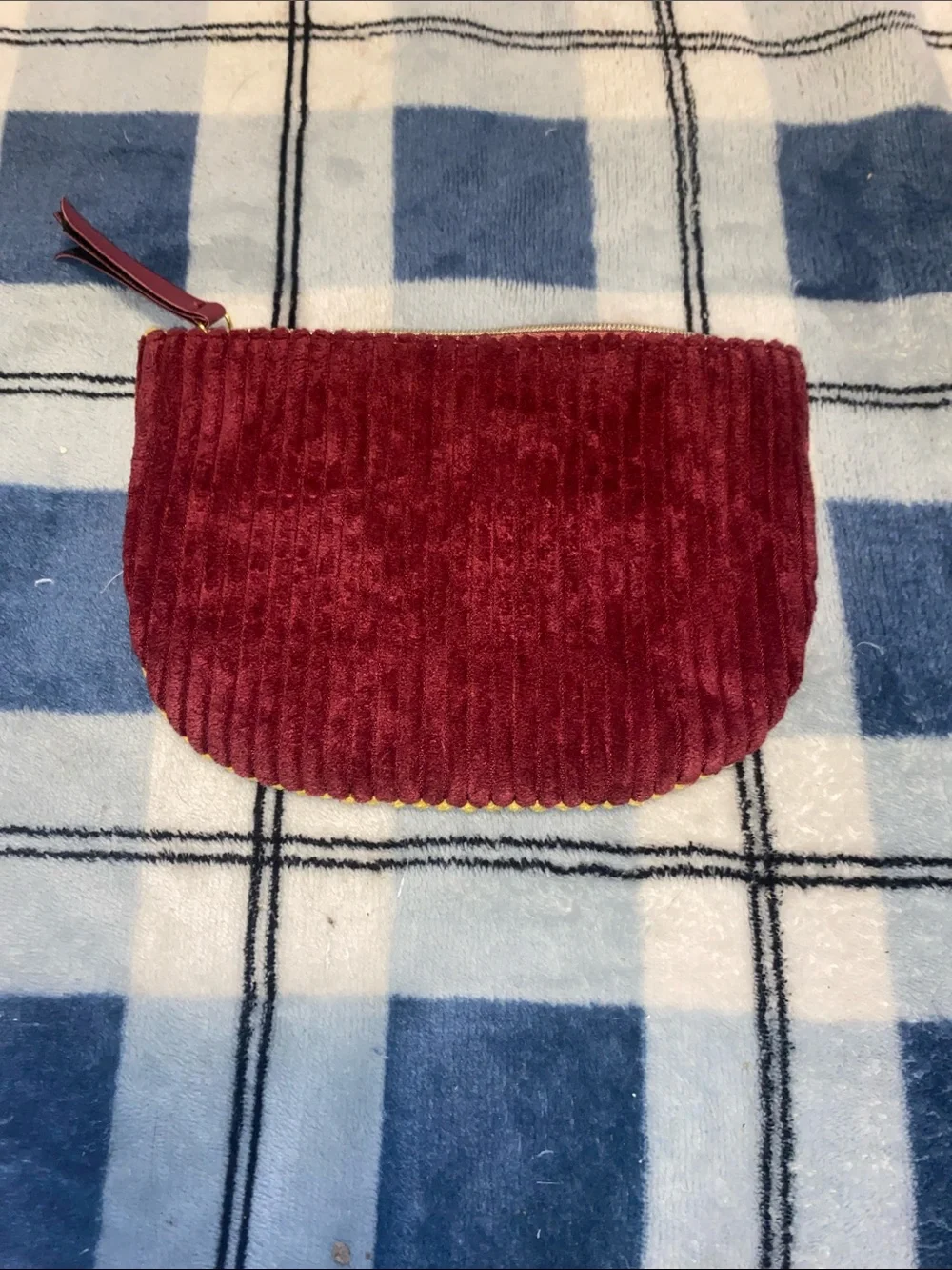 ipsy Yellow Corduroy Half Moon Cosmetic Pouch with Maroon Zip Tab